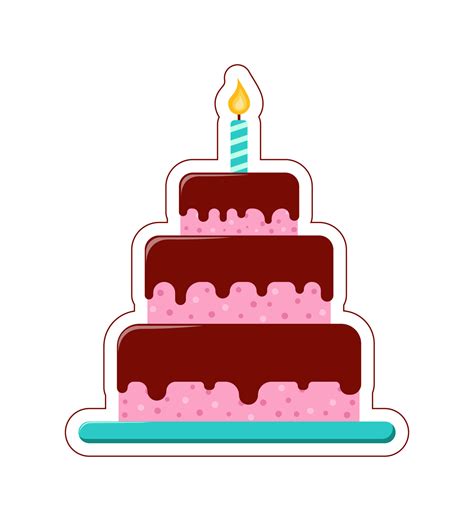 Vector Birthday Cake Sticker Big Cake With Candle In A Flat Style With