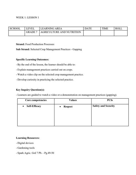 Grade Rationalised Agriculture And Nutrition Lesson Plans Term