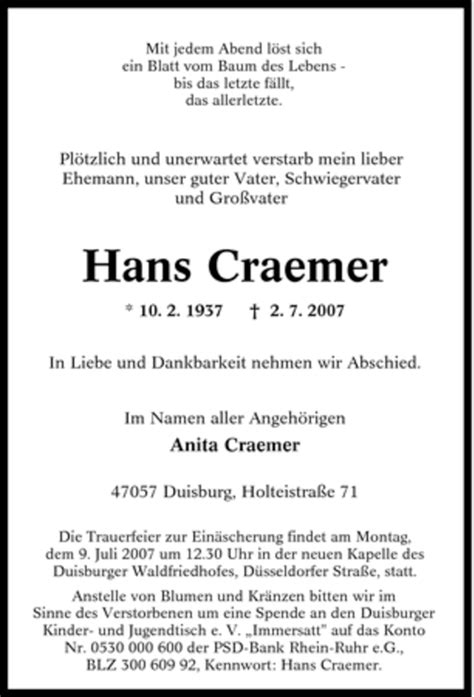 Traueranzeigen Von Hans Craemer Trauer In NRW De