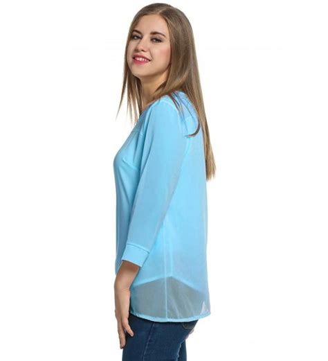 Women Loose Business Casual Sheer 3 4 Sleeve Chiffon Top T Shirt Blouse