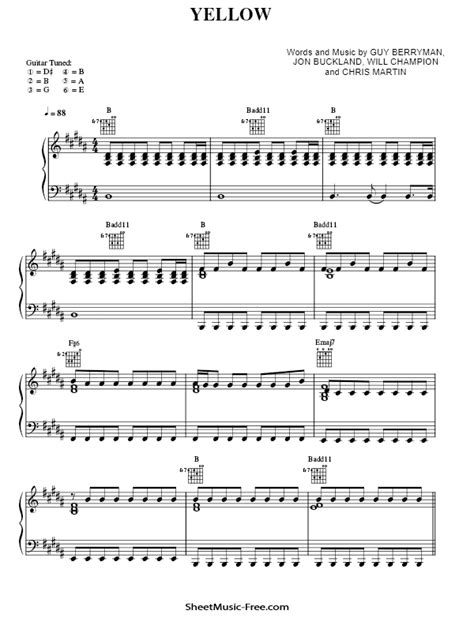 Yellow Sheet Music Coldplay Piano Sheet - ♪ SHEETMUSIC-FREE.COM