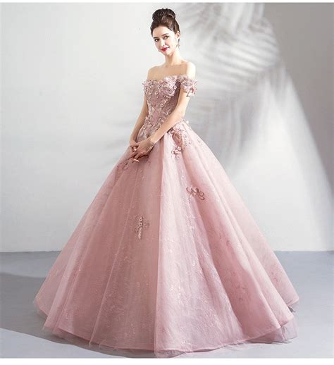 Pink Ball Gown Prom Dress Lace Flower Wedding Dress