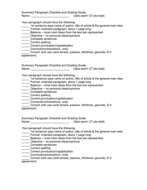 Summary Paragraph Checklist And Grading Guide Esl11b