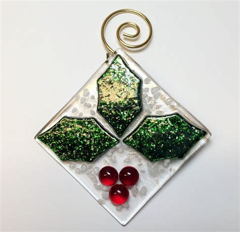 Fused Glass Holley And Berries Christmas Ornament