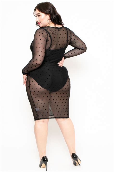 Plus Size Dotted Mesh Bodycon Dress Black In Bodycon Dress