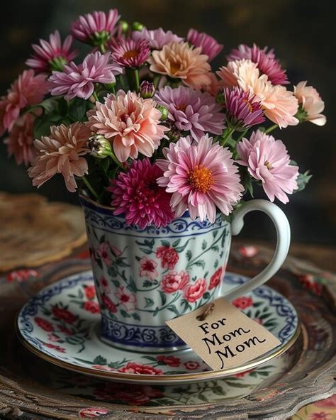 Premium Photo A Teacup Filled With Flowers And For Mom Tag Background