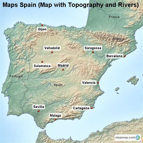 Stepmap Maps Spain Map With Topography And Rivers Landkarte Für Spain