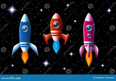 Three Brightly Colored Rockets In Outer Space Stock Vector