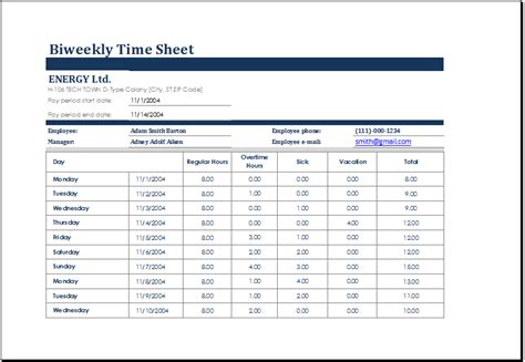 Timesheet Template Excel Biweekly | HQ Printable Documents