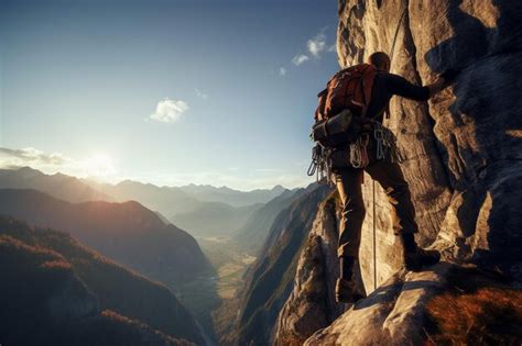 Premium Photo Climber Ascending A Challenging Rock Face Against