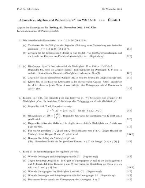 Übungen Blatt04 Prof Dr Felix Leinen 13 November 2015 Geometrie