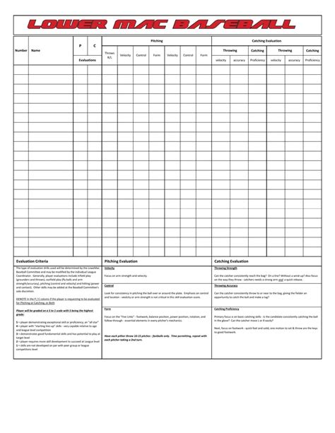 Printable Softball Tryout Evaluation Form Prntbl