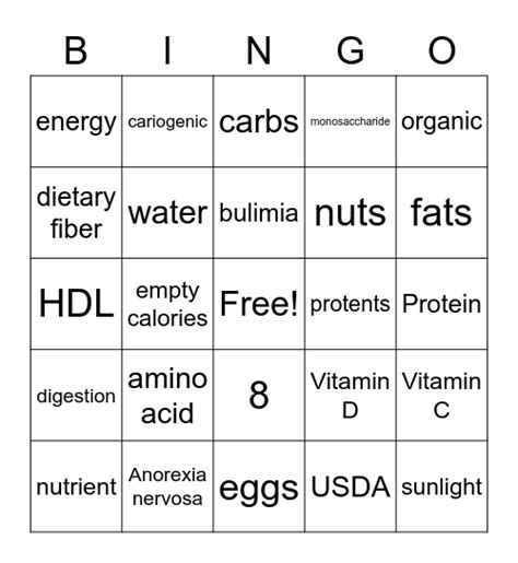 Nutrition Bingo Card