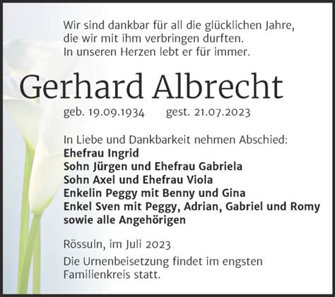 Traueranzeigen Von Gerhard Albrecht Abschied Nehmen De