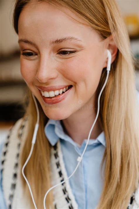 Blonde White Woman Listening Music While Sitting At Cafe Stock Image Image Of Adult Female