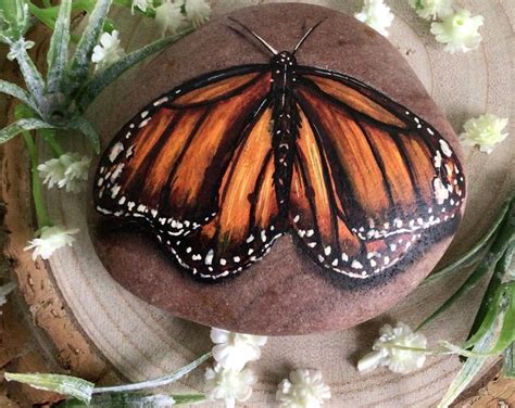 Realistic Monarch Butterfly Rock Pebble Hand Painted Stone By Scottish