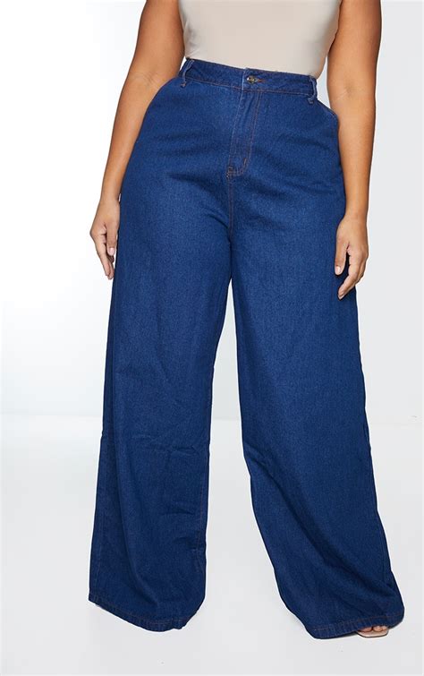 Plus Indigo Wash Wide Leg Jeans Plus Size Prettylittlething