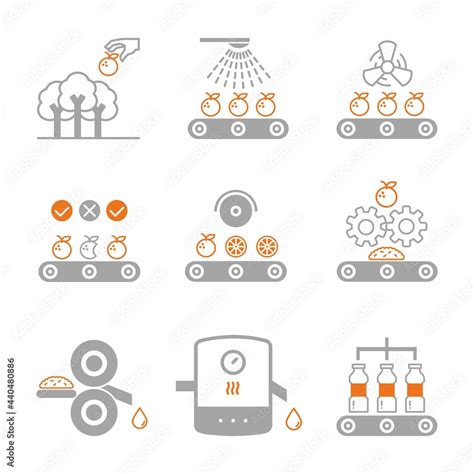 Juice manufacture process. Orange juice production process stages ...