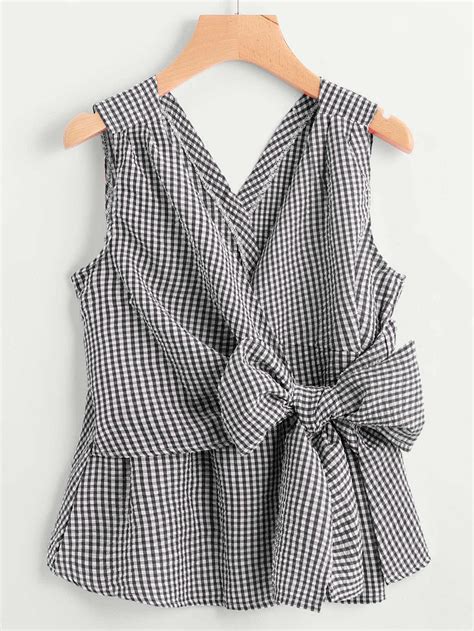 V Neckline Bow Tie Detail Gingham Top Shein Sheinside