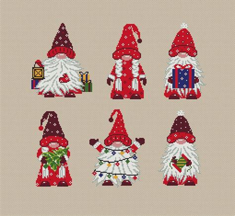 Set Of 6 Christmas Gnomes Cross Stitch Pattern Modern Cross Etsy