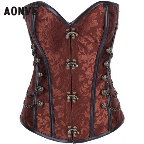 Aonve Steampunk Corset Gothic Brocade Buckle Punk Steel Boned Corset