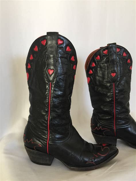 Vintage Old Gringo Black Leather Red Heart Cowboy Boot Cuban Heel