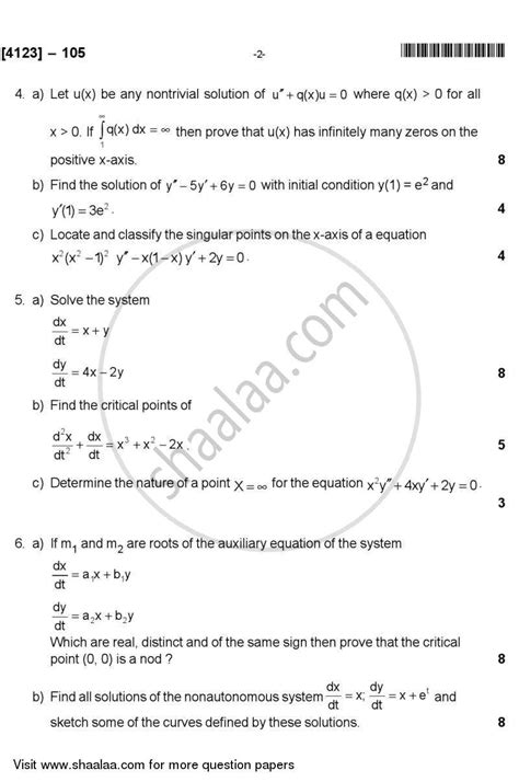 Ordinary Differential Equations 2011 2012 Ma Mathematics Semester 1 Question Paper With Pdf