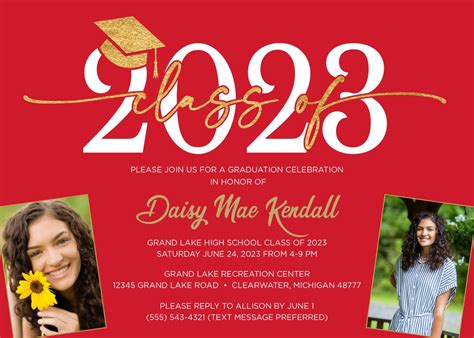 Class Of 2023 Graduation Invitation With Photos Red And Gold Metallic Etsy