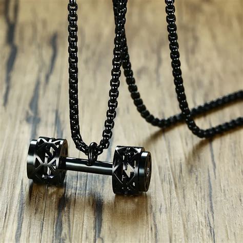 Barbell Dumbbell Hollow Pendant Necklace Out Sport Fitness Bodybuilding Jewellery For Men Black