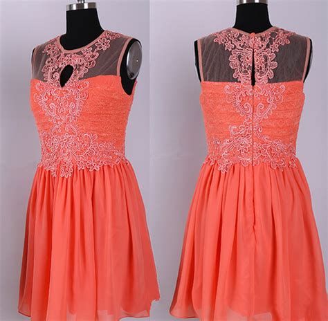 Pretty Coral Lace Knee Length Chiffon Bridesmaid Dresses Coral