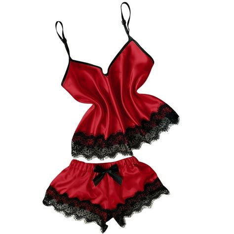 Women S Lace Trim Satin Sleepwear Set Cami Top And Shorts Pajama Sets Sleepwear Sexy 2 Piece