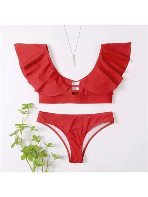 Bikini Frau Zwei Teile Slip Sgambato Dreieck Rot Volants 61341 EBay