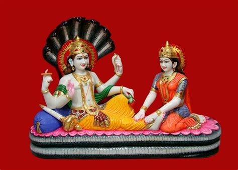 Painted Hindu Marble Laxmi Vishnu Statue On Sheshnag For Worship Size