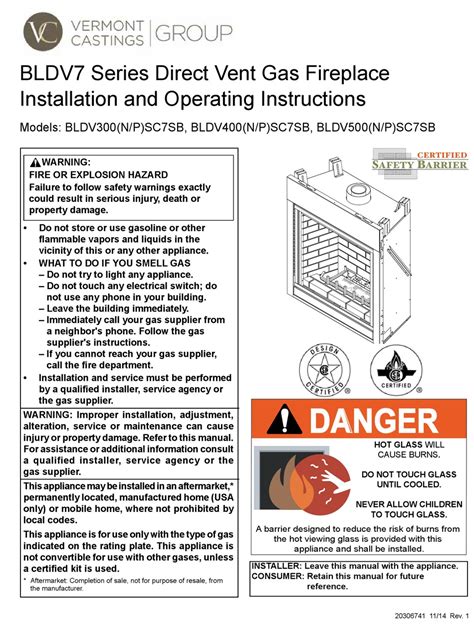 VERMONT CASTINGS BLDV300N SC7SB INSTALLATION AND OPERATING INSTRUCTIONS