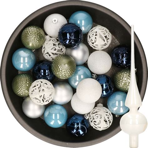 Decoris Kerstballen 37x ST Kunststof 6 Cm Blauw Wit Zilver