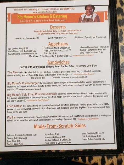 Menu At Big Mama S Kitchen And Catering Restaurant Omaha North 30th Street