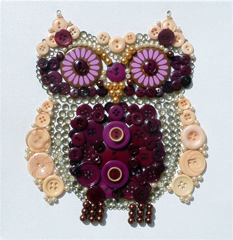 Oscar Owl 20x20cm Canvas Embellished With Buttons Pearl Beads And