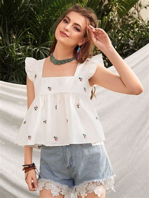 Shein Floral Embroidered Butterfly Sleeve Top Fashion Top Outfits