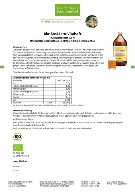 Sanct Bernhard Bio Sanddorn Vitalsaft 1 L Shop Apotheke