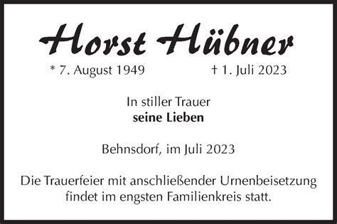 Traueranzeigen von Horst Hübner abschied nehmen de