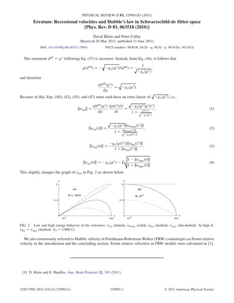 Pdf Erratum Recessional Velocities And Hubbles Law In Schwarzschild