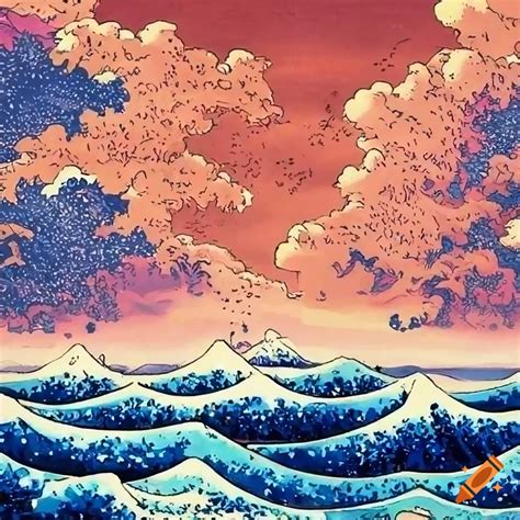 Pen And Ink Illustration Of Ocean Waves And Vibrant Clouds