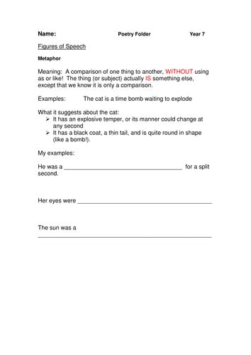 Metaphor And Onomatopoeia Worksheet Teaching Resources