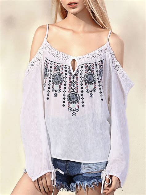 Embroidered Cold Shoulder Spaghetti Straps Long Sleeve Blouse WHITE