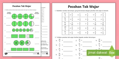 Lembaran Kerja Pecahan Tak Wajar Dan Nombor Bercampur