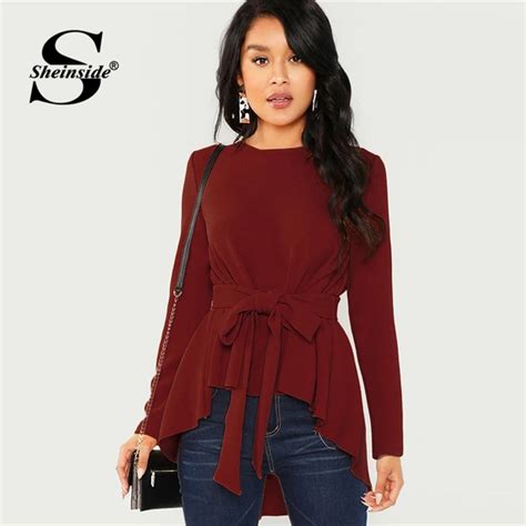 Sheinside Burgundy Long Sleeve Shirt Women Elegant Blouse 2018 Ladies Top Self Belted