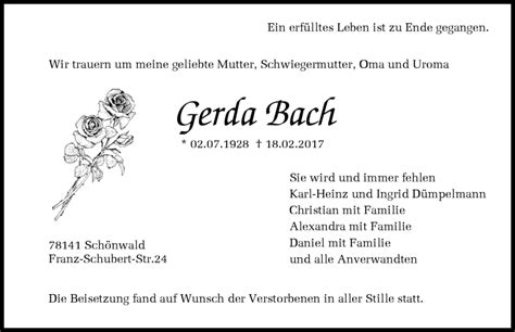 Traueranzeigen Von Gerda Bach Schwarzw Lder Bote Trauer