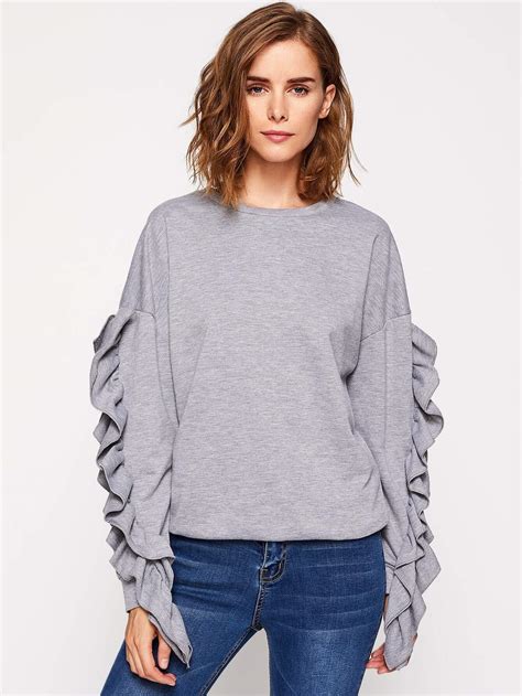 Drop Shoulder Frilled Pullover Sheinsheinside