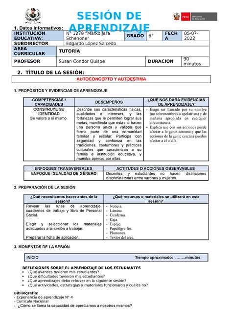 Sesion Tutoria Autoestima Autoconcepto Datos Informativos