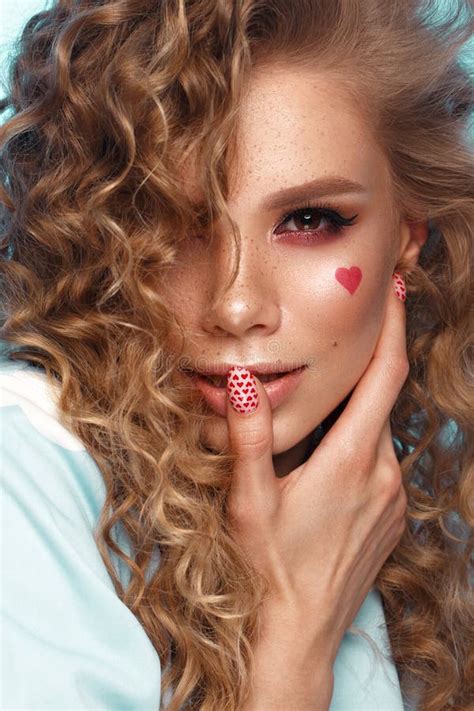 Pretty Girl With Curls Hairstyle Classic Makeup Freckles Nude Lips Beauty Face Stock Photo